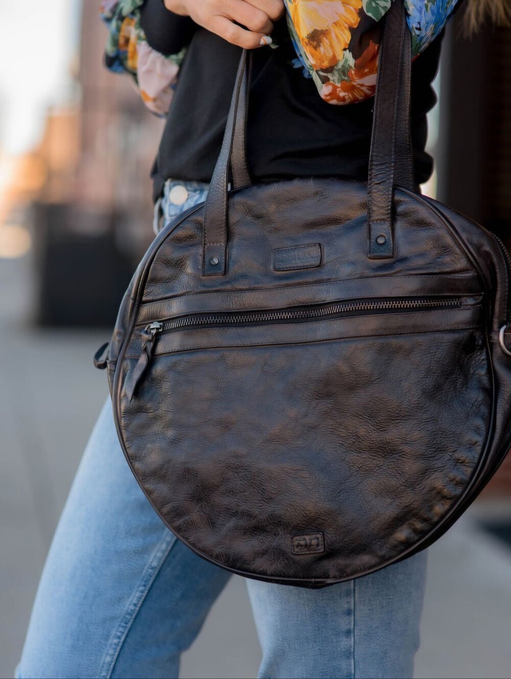 BED|STU Round Leather Shoulder Tote in Dark Brown